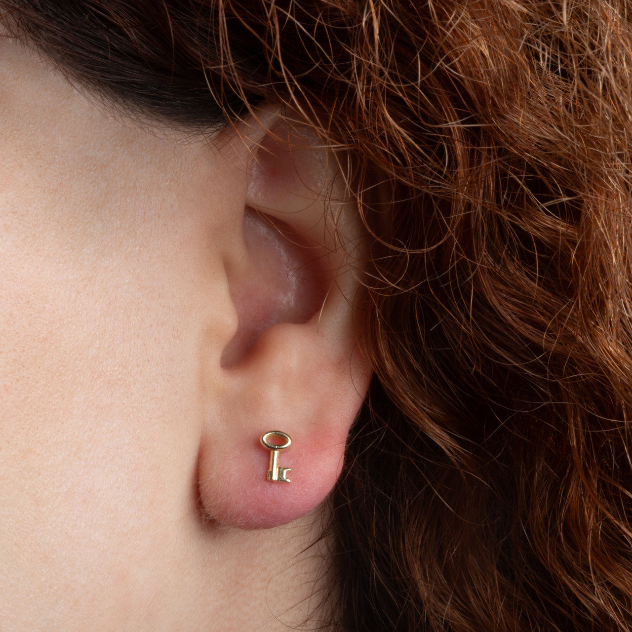 Yellow Gold Key Charm Stud Earrings