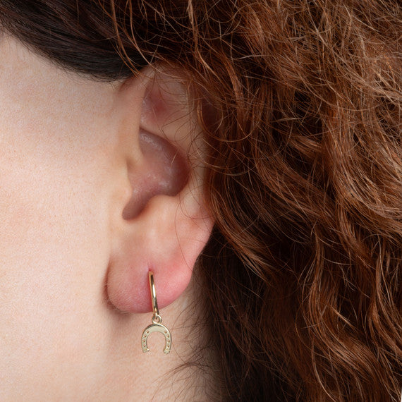 Yellow Gold Lucky Horseshoe Drop Huggie Hoop Earrings