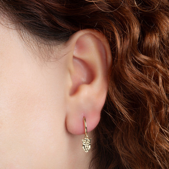 Yellow Gold Owl Drop Huggie Hoop Earrings
