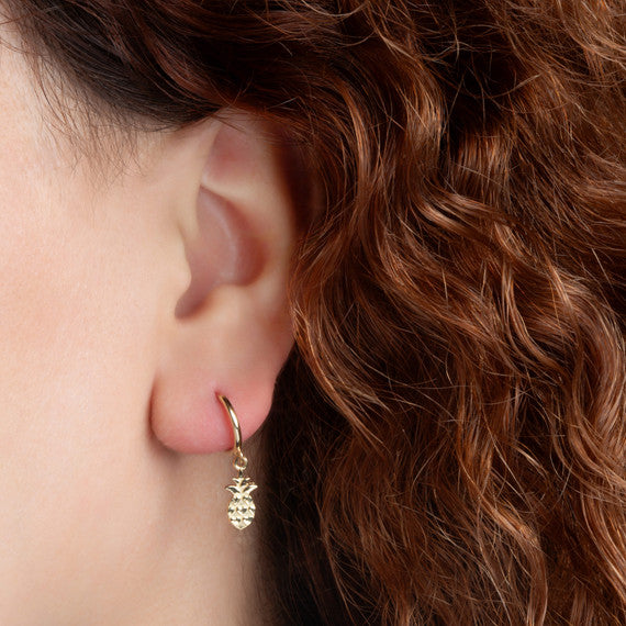 Yellow Gold Pineapple Fruit Drop Huggie Hoop Earrings
