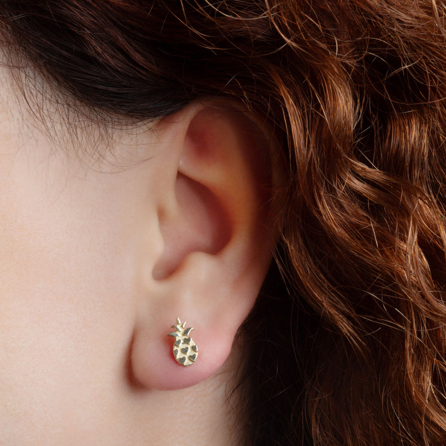 Solid Yellow Gold Pineapple Fruit Stud Earrings