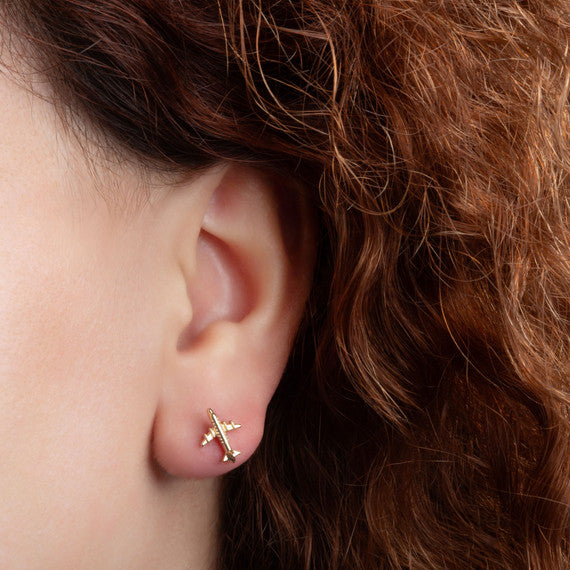 Yellow Gold Airplane Travel Stud Earrings