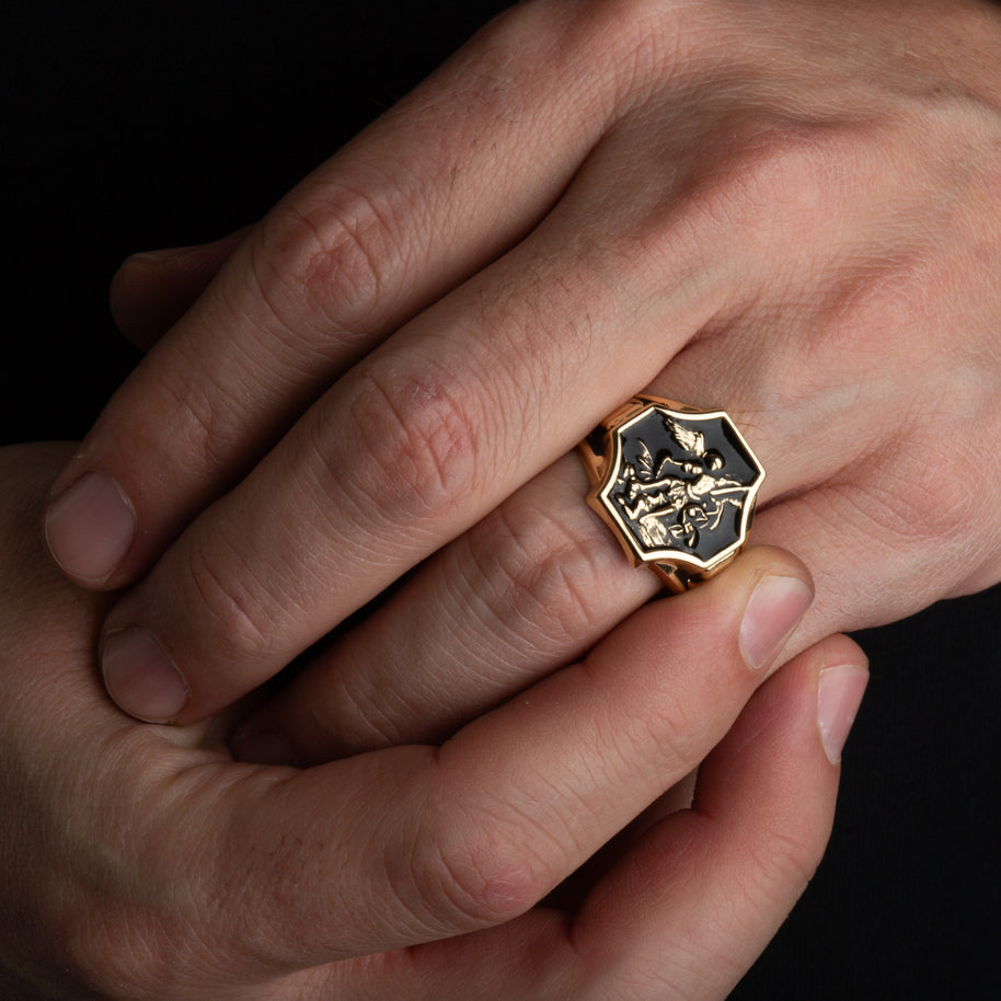 Gold Black Onyx Enamel Saint Michael Archangel Crest Signet Ring (Available in Yellow/Rose/White Gold)