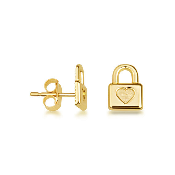 Yellow Gold Heart Padlock Love Stud Earrings