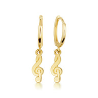 Yellow Gold Treble Clef Music G Note Drop Huggie Hoop Earrings
