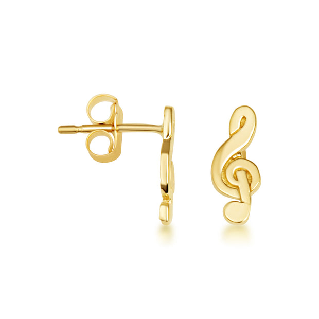 Yellow Gold Treble Clef Music G Note Stud Earrings