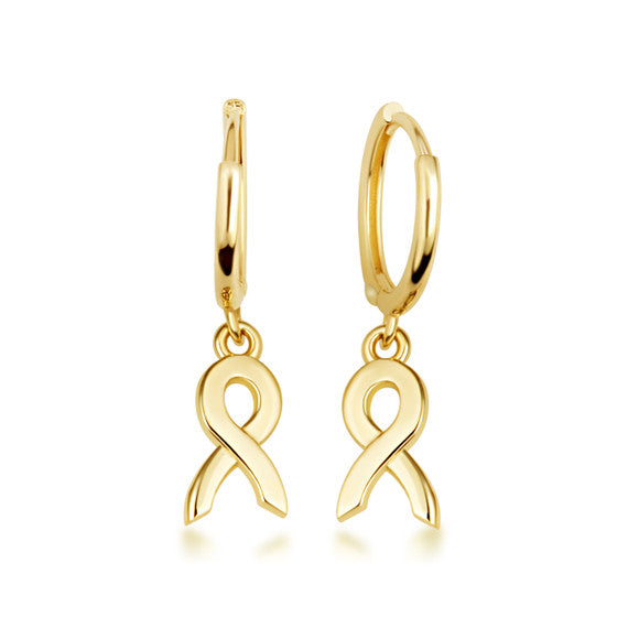 Yellow Gold Awareness Ribbon Drop Huggie Hoop Earrings