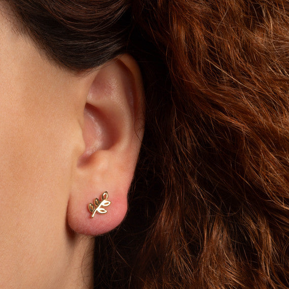 Yellow Gold Fern Leaf Stud Earrings