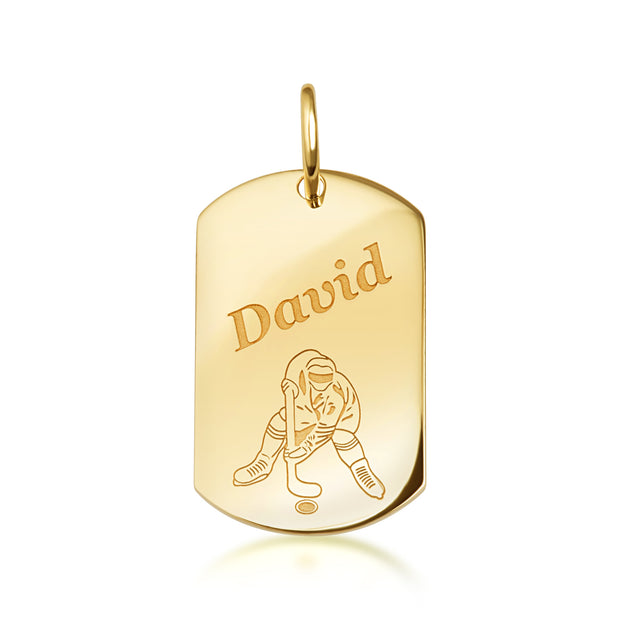 Yellow Gold Engravable Hockey Player Sports Dog Tag Pendant Necklace