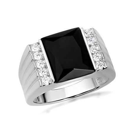 .925 Sterling Silver Black Onyx Birthstone Cubic Zirconia Signet Ring