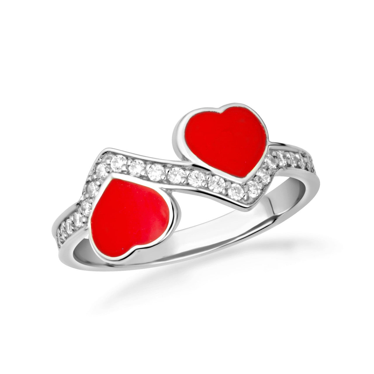.925 Sterling Silver Enamel Heart Cubic Zirconia Band Ring