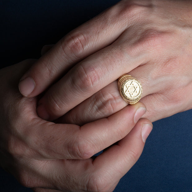 Gold Jewish Star Of David Hebrew Menorah Signet Ring (Available in Yellow/Rose/White Gold)