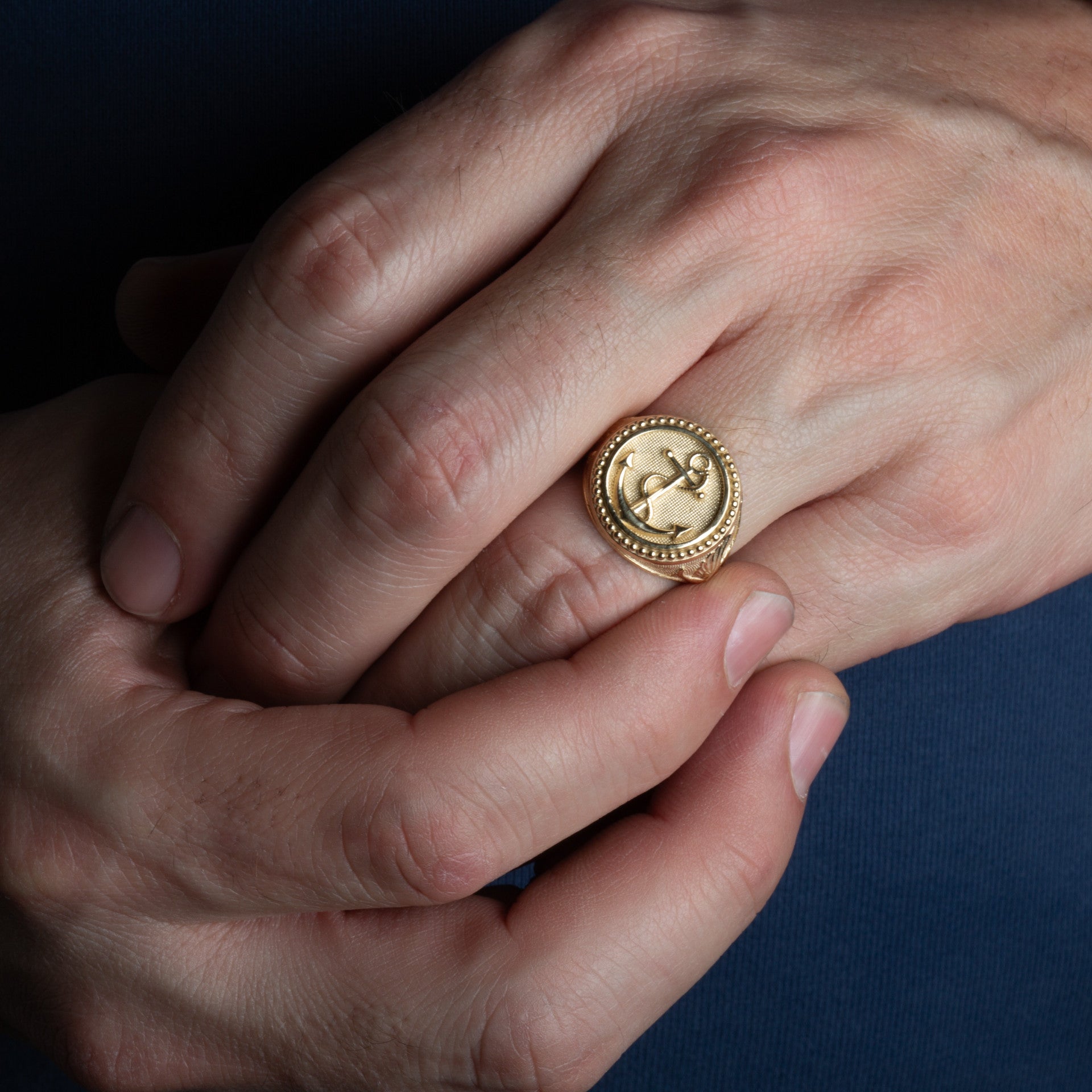 Gold Nautical Anchor Rope Beaded Dove Signet Ring (Available in Yellow/Rose/White Gold)