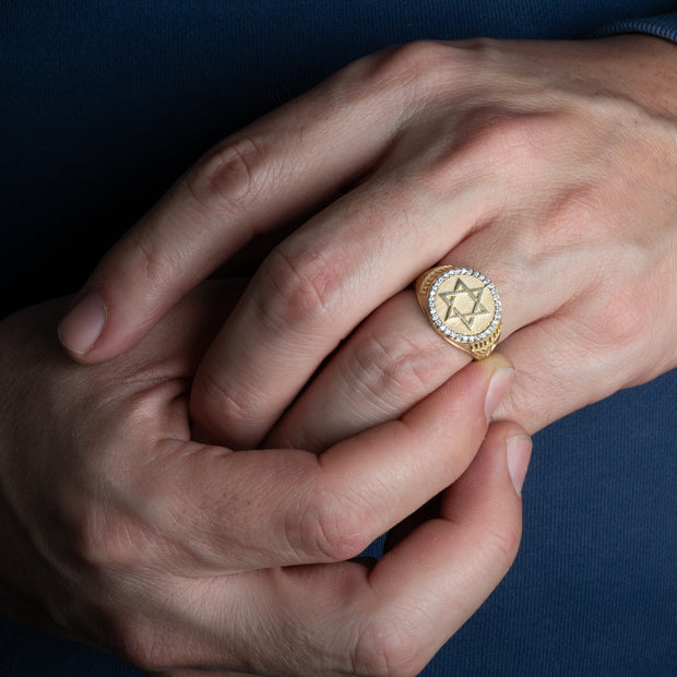 Gold Diamond Jewish Star Of David Hebrew Menorah Signet Ring (Available in Yellow/Rose/White Gold)