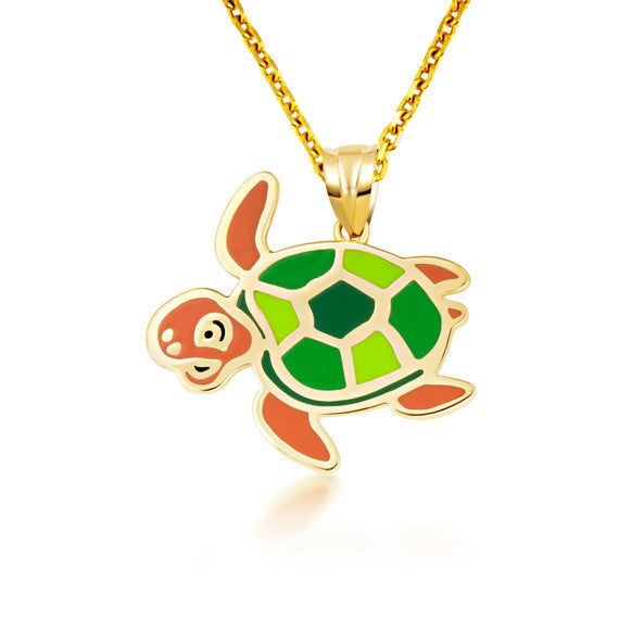 Gold Enamel Sea Turtle Marine Pendant Necklace (Available in Yellow/Rose/White Gold)