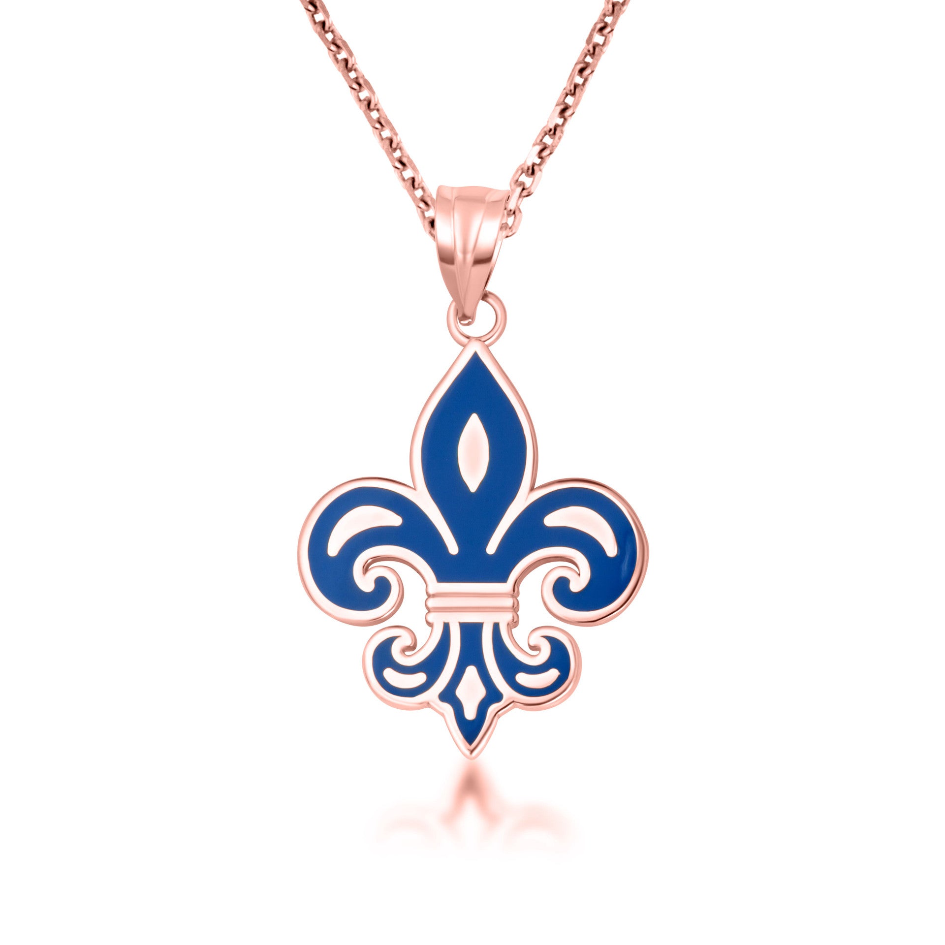 Gold Blue Enamel French Fleur-de-lis Pendant Necklace (Available in Yellow/Rose/White Gold)