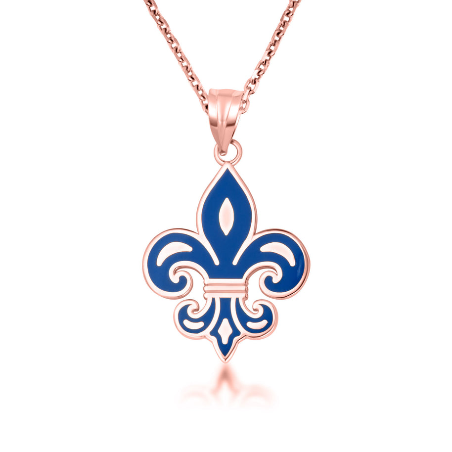 Gold Blue Enamel French Fleur-de-lis Pendant Necklace (Available in Yellow/Rose/White Gold)