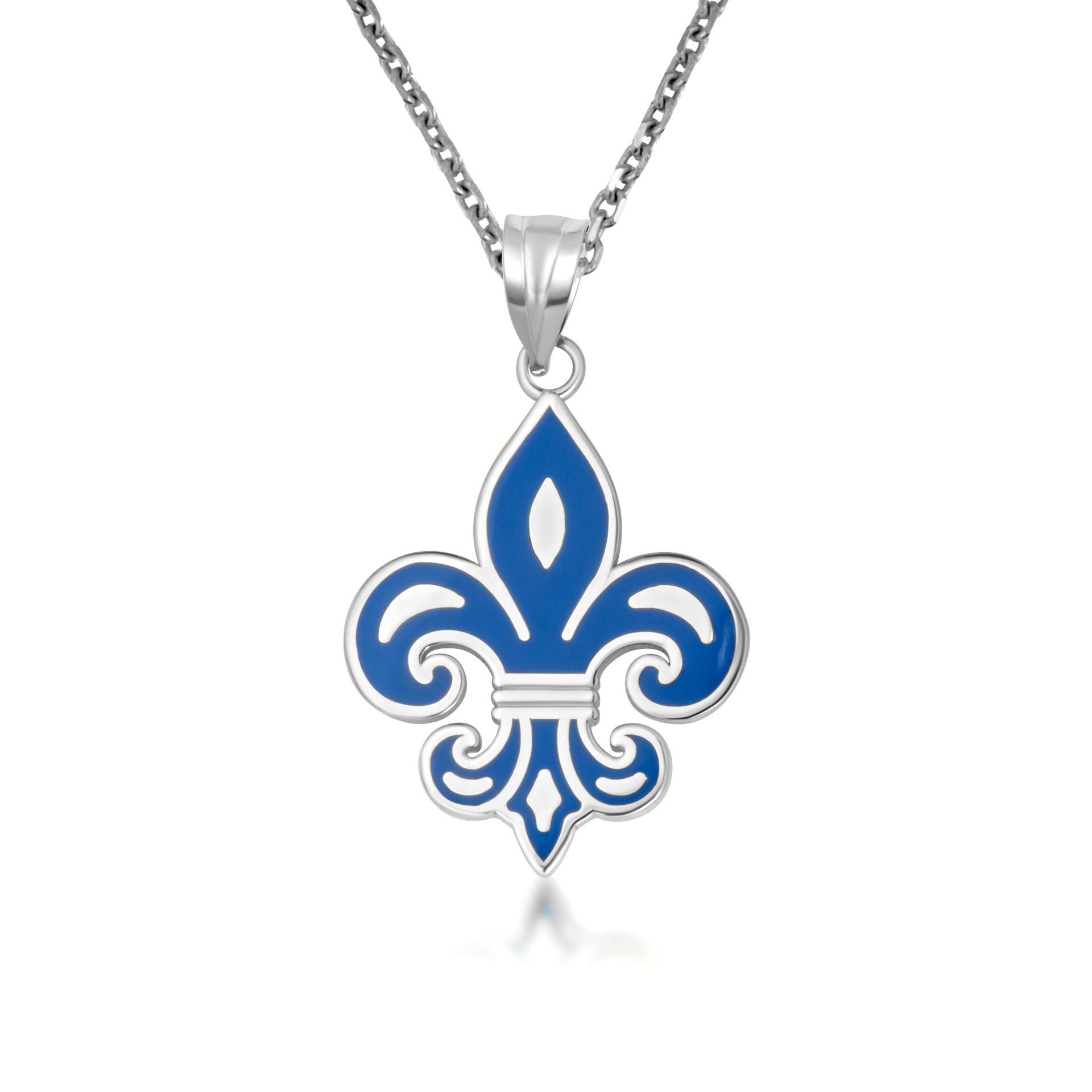 .925 Sterling Silver Blue Enamel French Fleur-de-lis Pendant Necklace