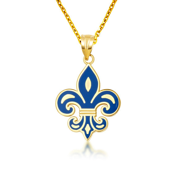 Gold Blue Enamel French Fluer-de-lis Pendant Necklace (Available in Yellow/Rose/White Gold)