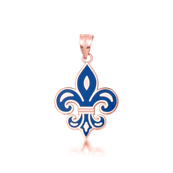 Gold Blue Enamel French Fluer-de-lis Pendant Necklace (Available in Yellow/Rose/White Gold)