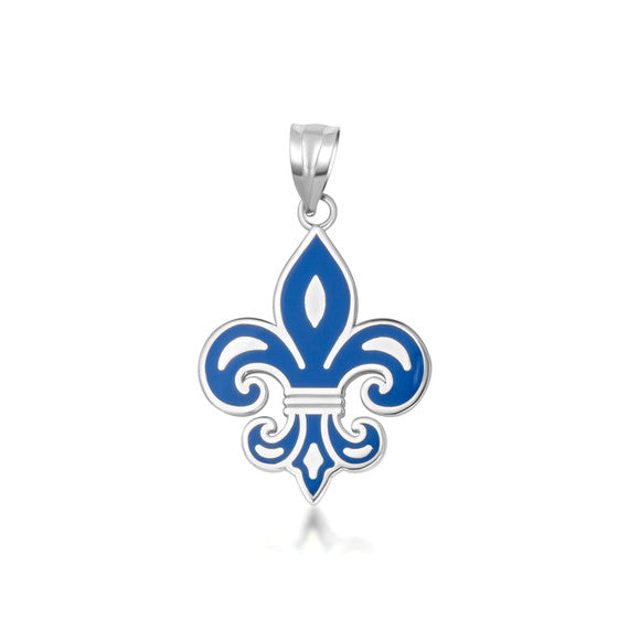 .925 Sterling Silver Blue Enamel French Fluer-de-lis Pendant Necklace