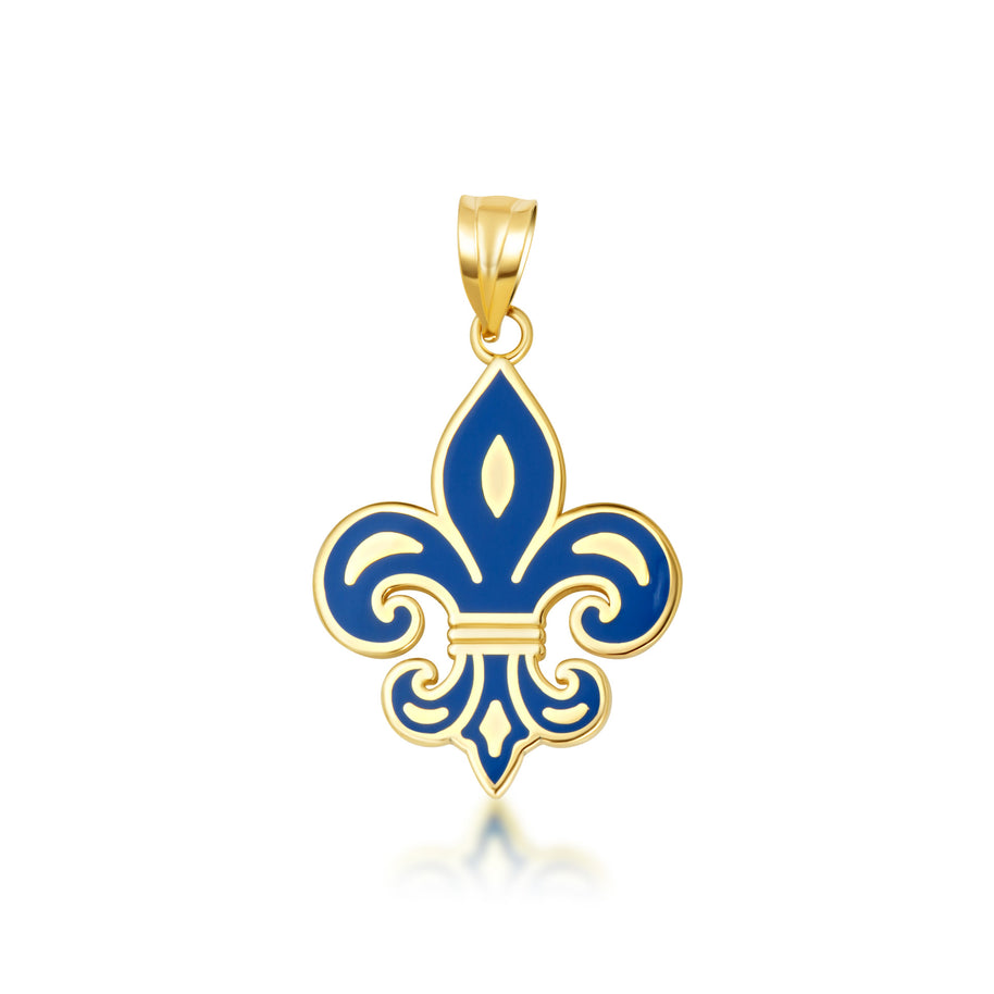Gold Blue Enamel French Fleur-de-lis Pendant Necklace (Available in Yellow/Rose/White Gold)