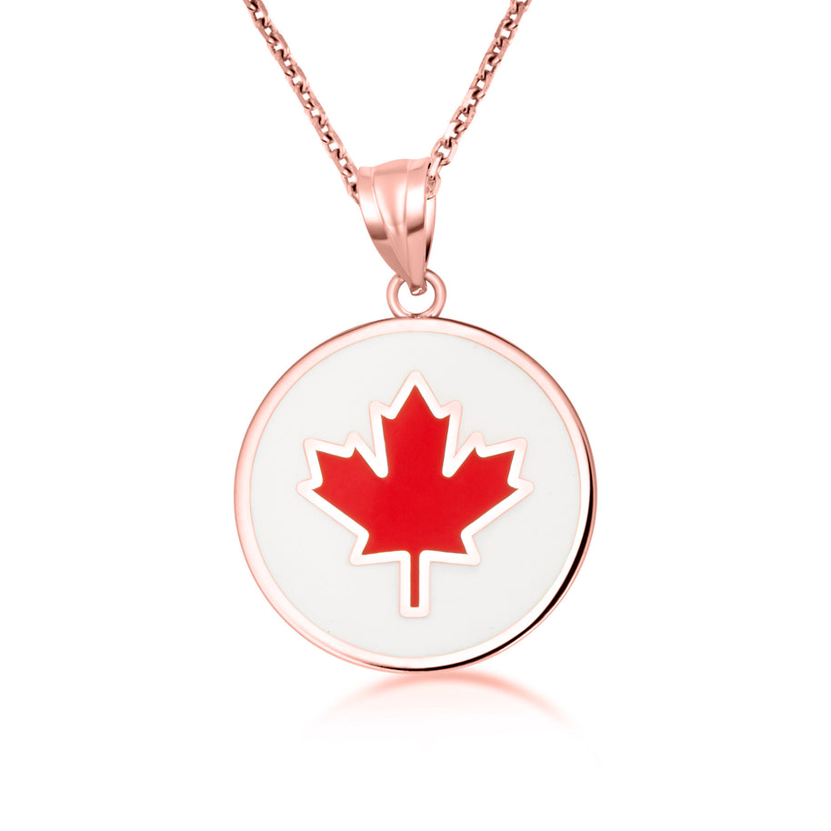Gold Enamel Canadian Maple Leaf Medallion Pendant Necklace (Available in Yellow/Rose/White Gold)