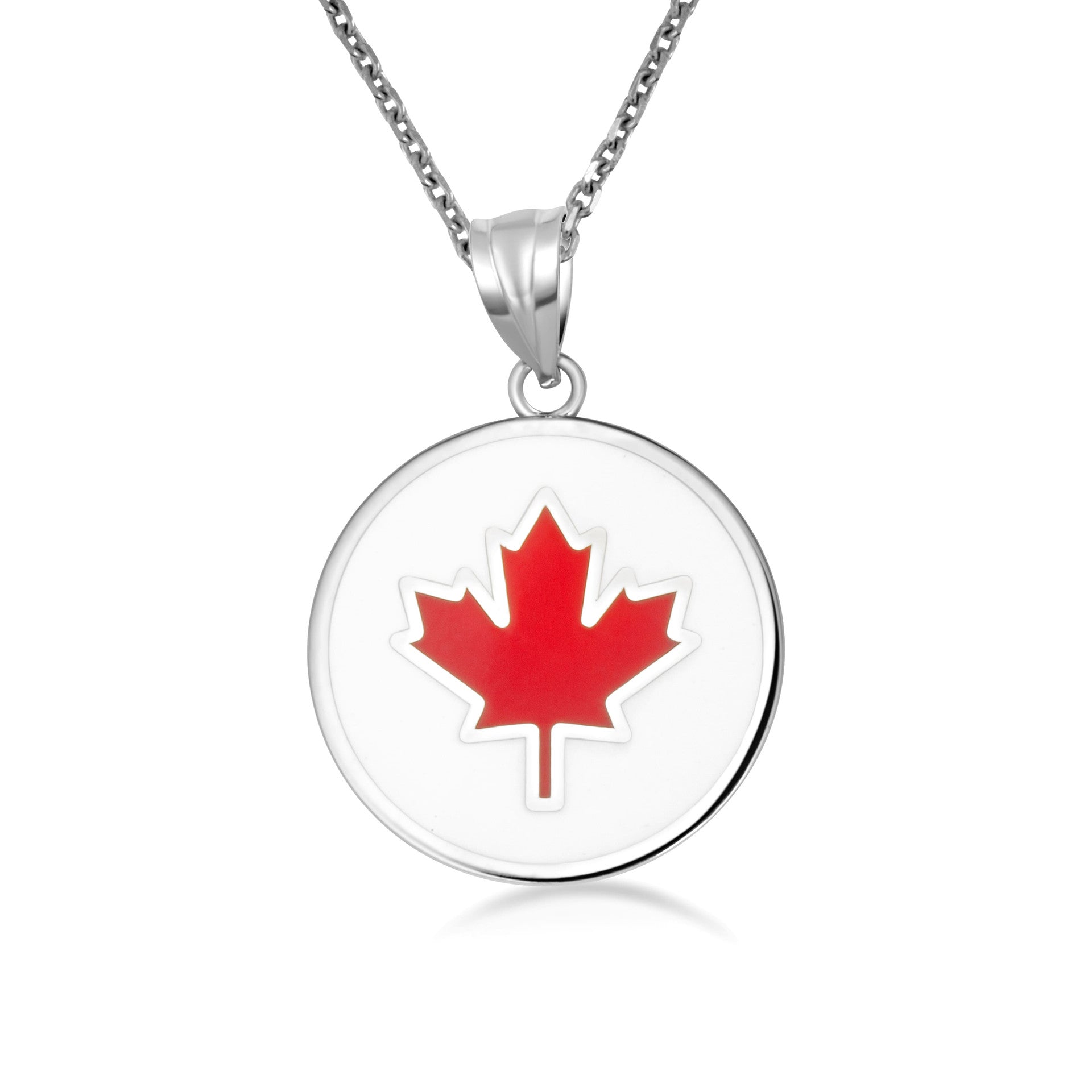 .925 Sterling Silver Enamel Canadian Maple Leaf Medallion Pendant Necklace