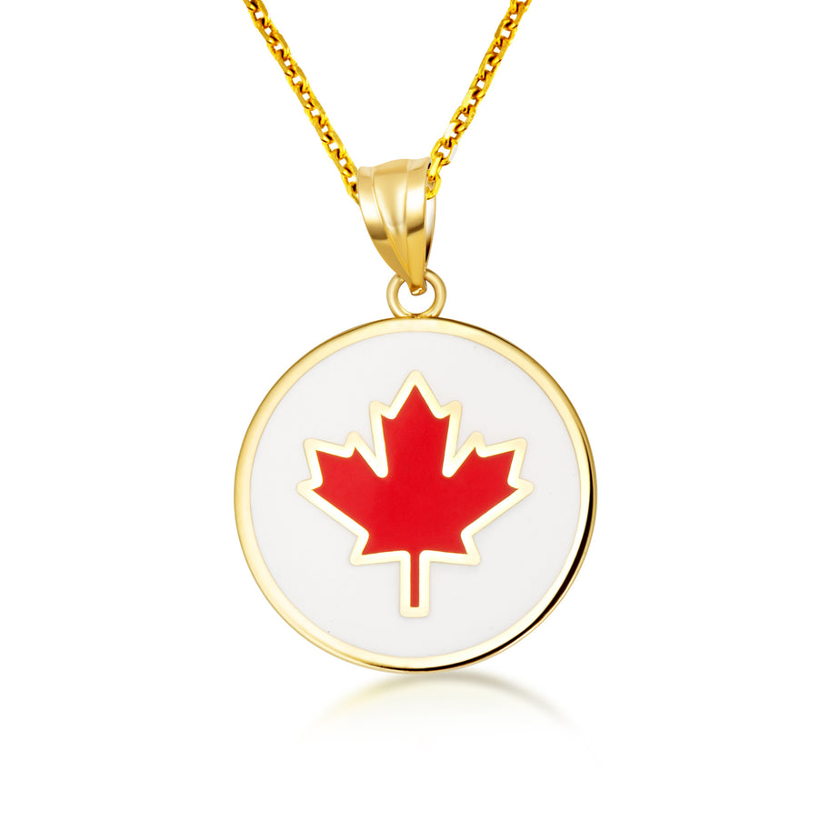 Gold Enamel Canadian Maple Leaf Medallion Pendant Necklace (Available in Yellow/Rose/White Gold)