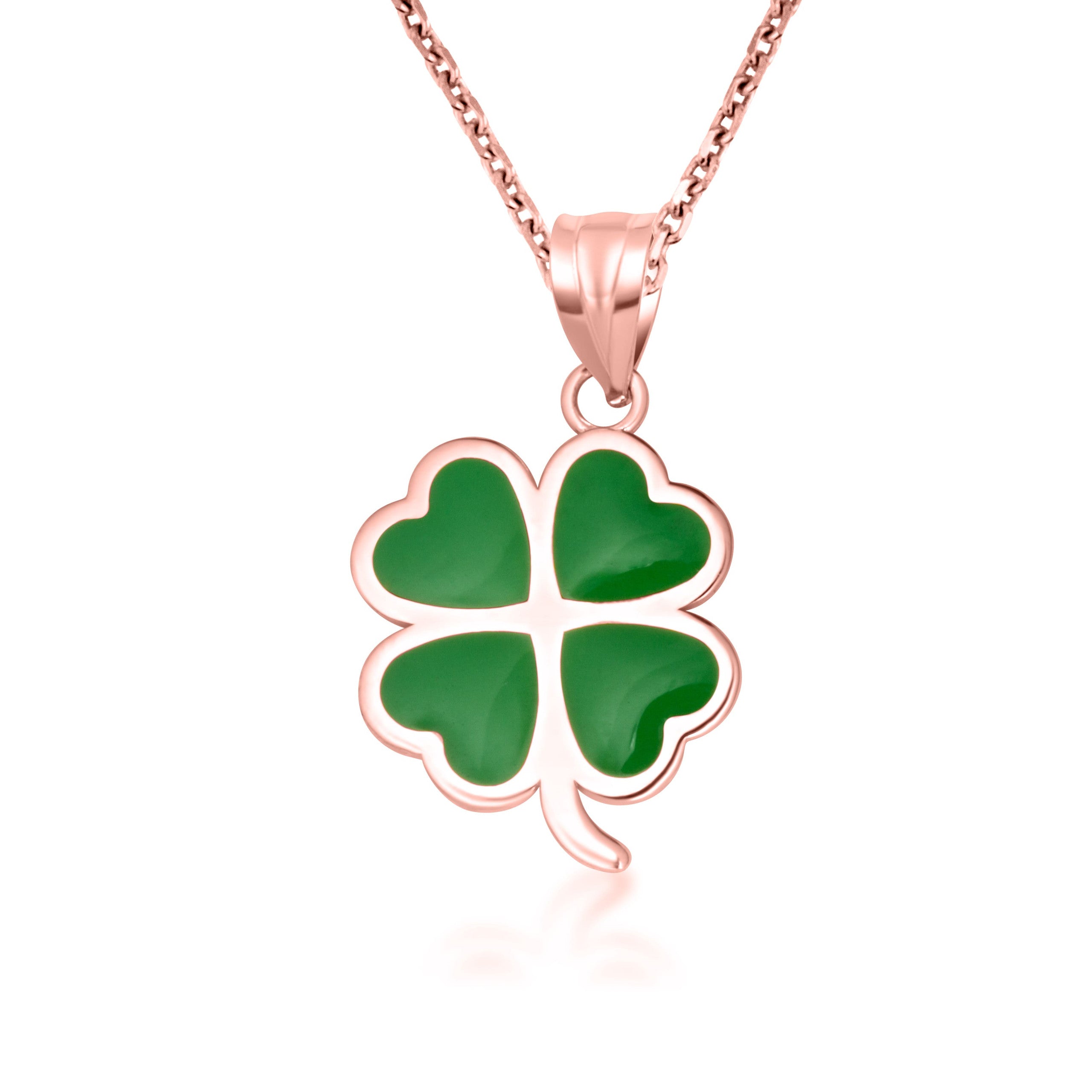 Gold Green Enamel Lucky 4 Leaf Clover Heart Pendant Necklace (Available in Yellow/Rose/White Gold)