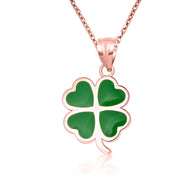 Gold Green Enamel Lucky 4 Leaf Clover Heart Pendant Necklace (Available in Yellow/Rose/White Gold)