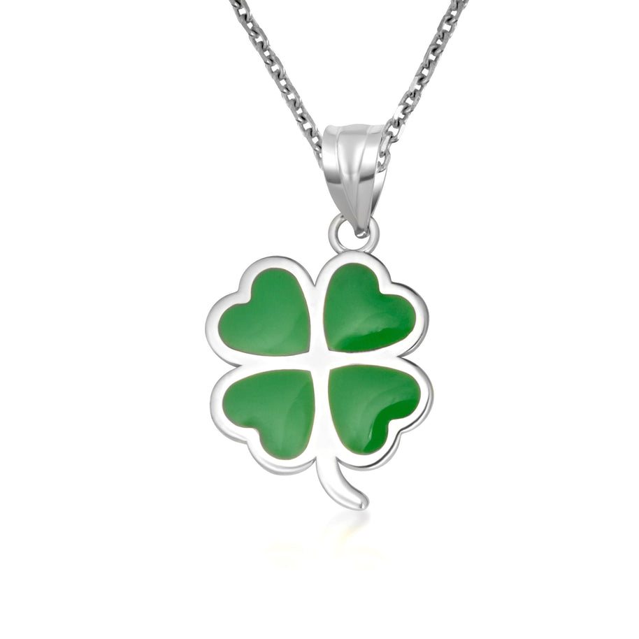 Gold Green Enamel Lucky 4 Leaf Clover Heart Pendant Necklace (Available in Yellow/Rose/White Gold)