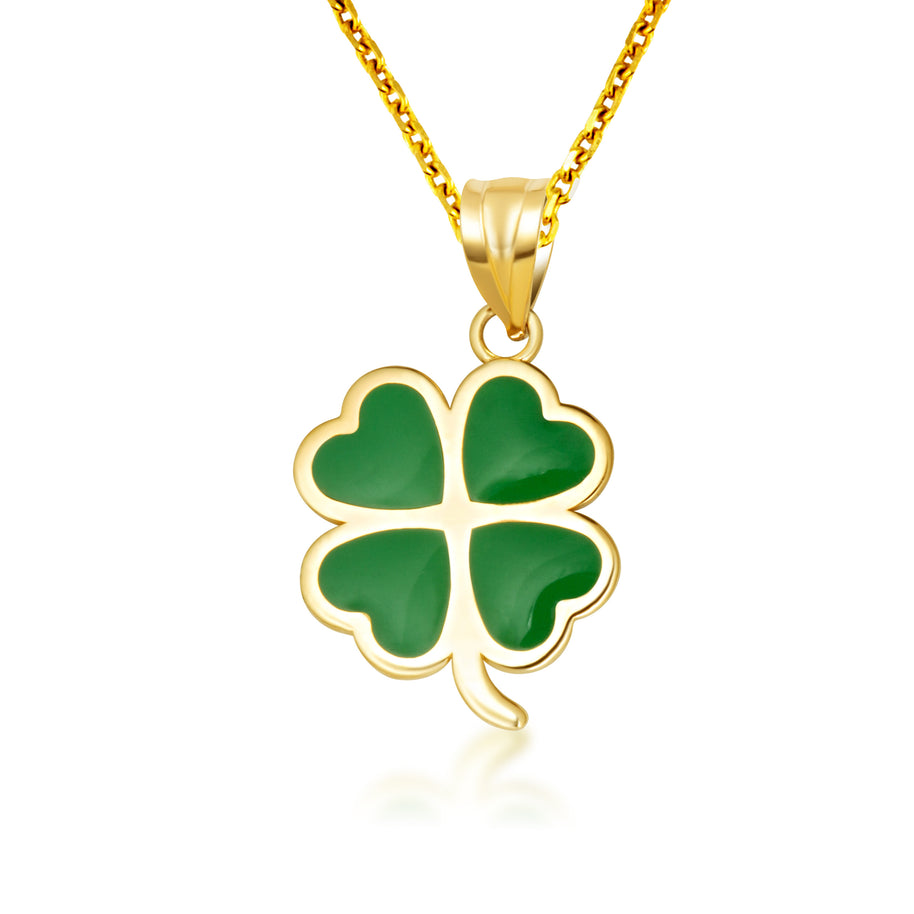 Gold Green Enamel Lucky 4 Leaf Clover Heart Pendant Necklace (Available in Yellow/Rose/White Gold)