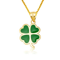 Gold Green Enamel Lucky 4 Leaf Clover Heart Pendant Necklace (Available in Yellow/Rose/White Gold)