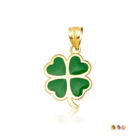 Gold Green Enamel Lucky 4 Leaf Clover Heart Pendant Necklace (Available in Yellow/Rose/White Gold)