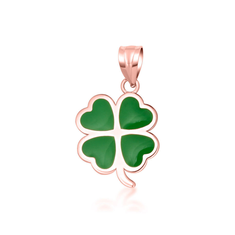 Gold Green Enamel Lucky 4 Leaf Clover Heart Pendant Necklace (Available in Yellow/Rose/White Gold)