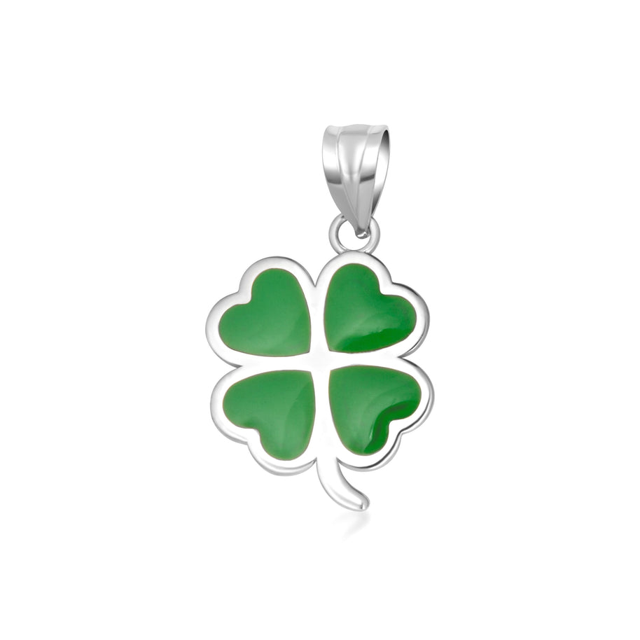 .925 Sterling Silver Green Enamel Lucky 4 Leaf Clover Heart Pendant Necklace