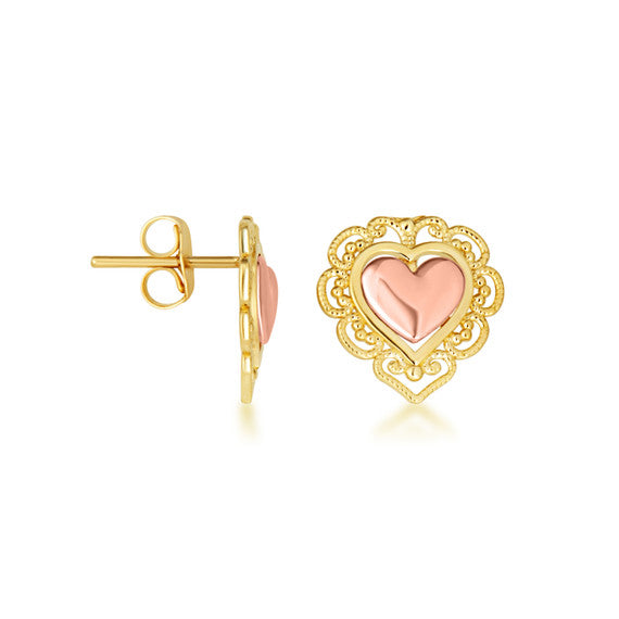 Two-Tone Gold Heart Filigree Stud Earrings (Available in Two-Tone/Yellow/Rose Gold)