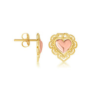 Two-Tone Gold Heart Filigree Stud Earrings (Available in Two-Tone/Yellow/Rose Gold)
