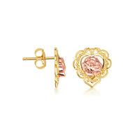 Two-Tone Gold Rose Flower Filigree Heart Stud Earrings (Available in Two-Tone Gold)