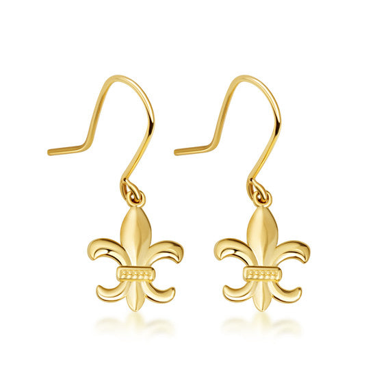 Gold French Fluer-de-lis Drop Dangle Earrings (Available in Yellow/Rose/White Gold)