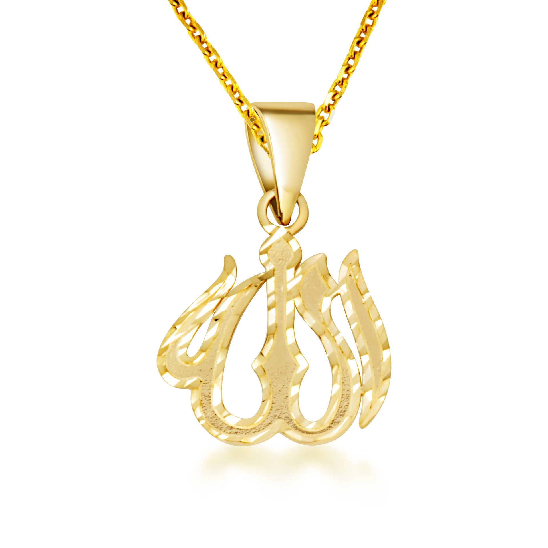 Gold Diamond Cut Allah Arabic Script Pendant Necklace (Available in Yellow/Rose/White Gold)