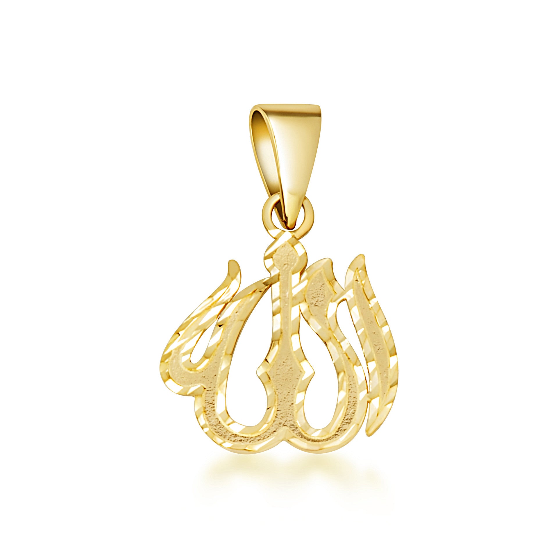 Gold Diamond Cut Allah Arabic Script Pendant Necklace (Available in Yellow/Rose/White Gold)