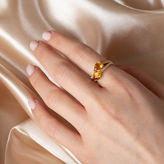 Gold Pear Cut Double Gemstone Wrap Around Twist Band Ring (Available in Yellow /Rose/White Gold)