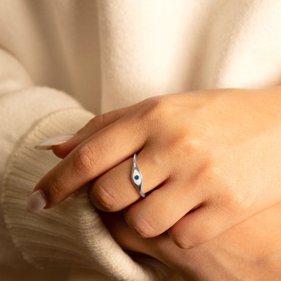 .925 Sterling Silver Enamel Evil Eye Of Protection Band Ring