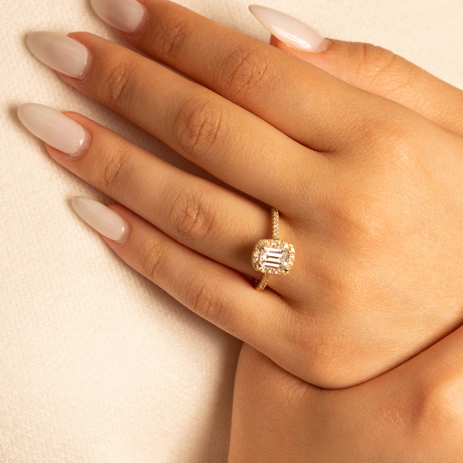 14k Gold Emerald Cut Lab Grown Diamond Halo Engagement Ring