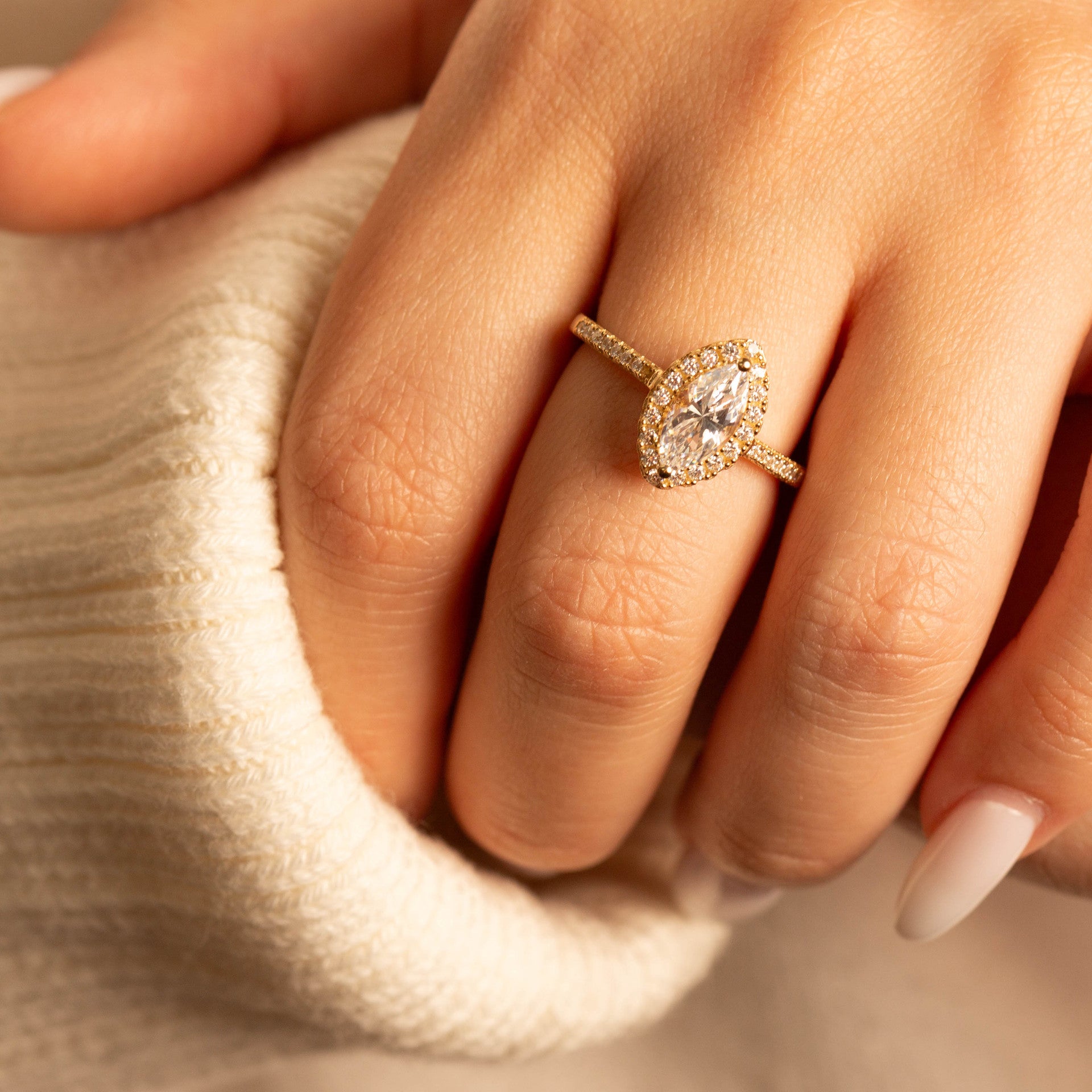 14K Gold Marquise Cut Lab Grown Diamond Halo Engagement Ring