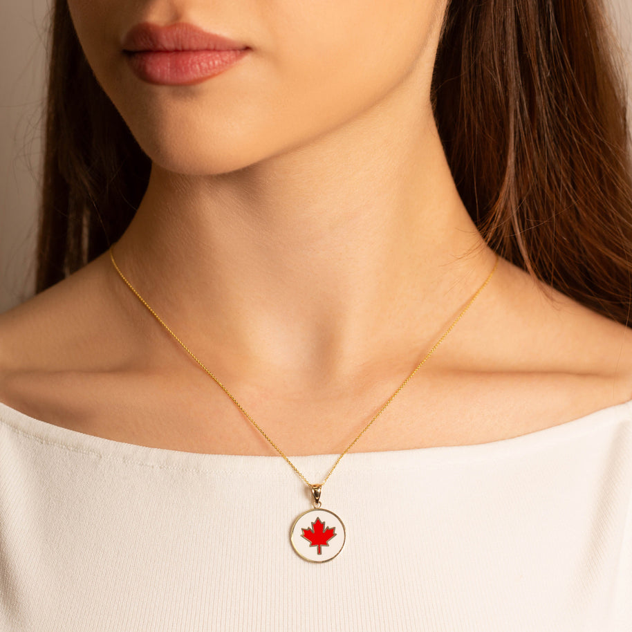 Gold Enamel Canadian Maple Leaf Medallion Pendant Necklace (Available in Yellow/Rose/White Gold)