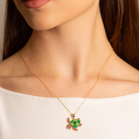 Gold Enamel Sea Turtle Marine Pendant Necklace (Available in Yellow/Rose/White Gold)