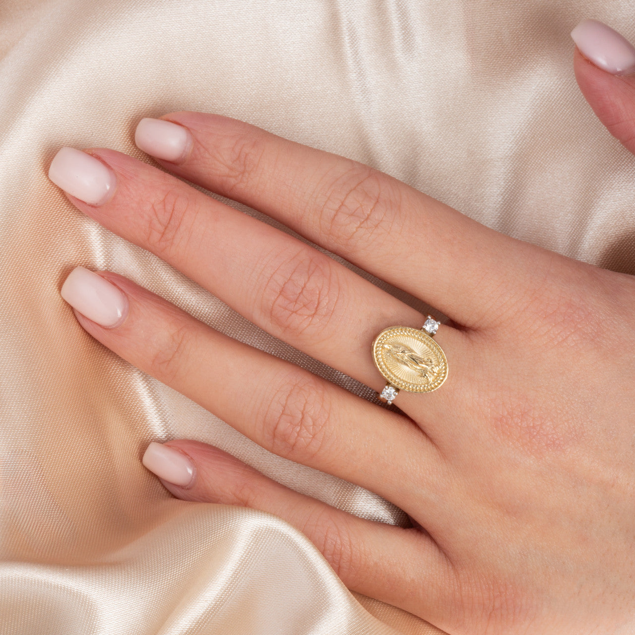 Gold Our Lady Of Guadalupe Oval Rope Signet Ring (Available in Yellow/Rose/White Gold)